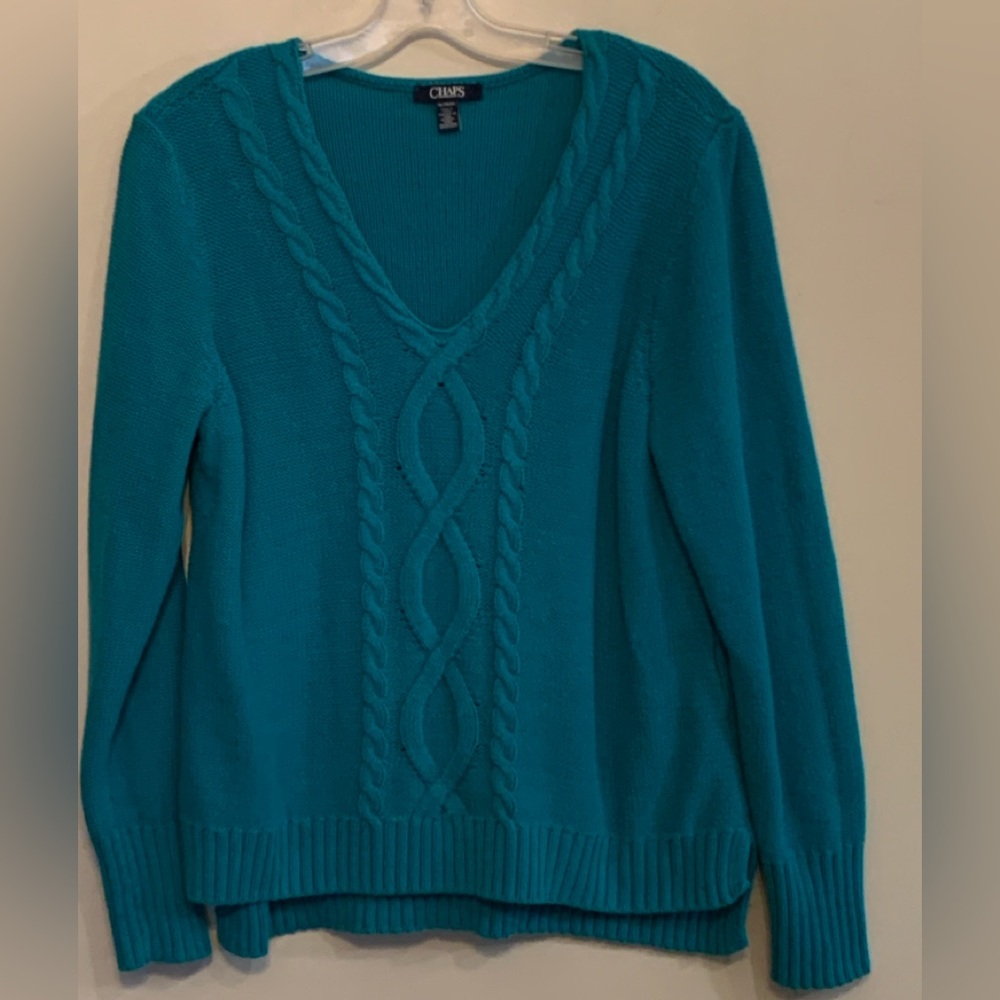 CHAPS by Ralph Lauaren Turquoise V-Neck Cable Knit Sweater